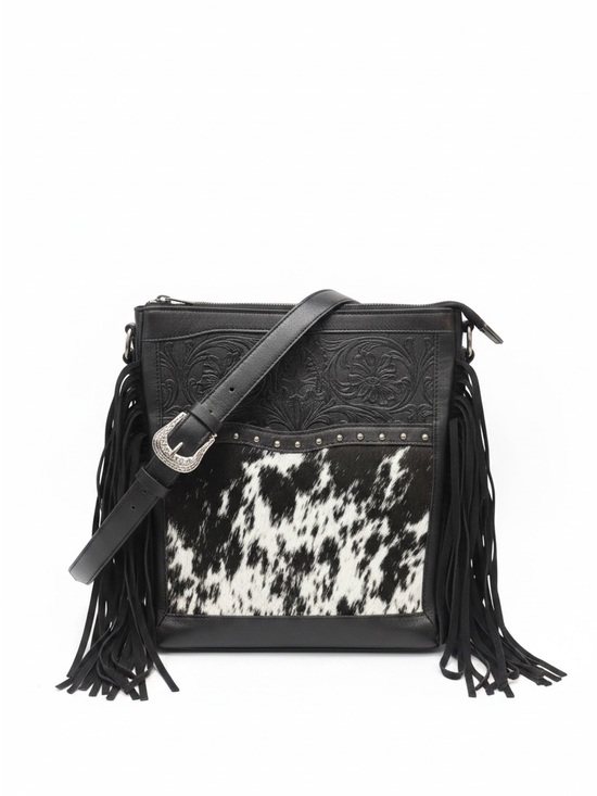 Montana West Handbags - Montana West Black & White Cowhide Fringe Crossbody Bag